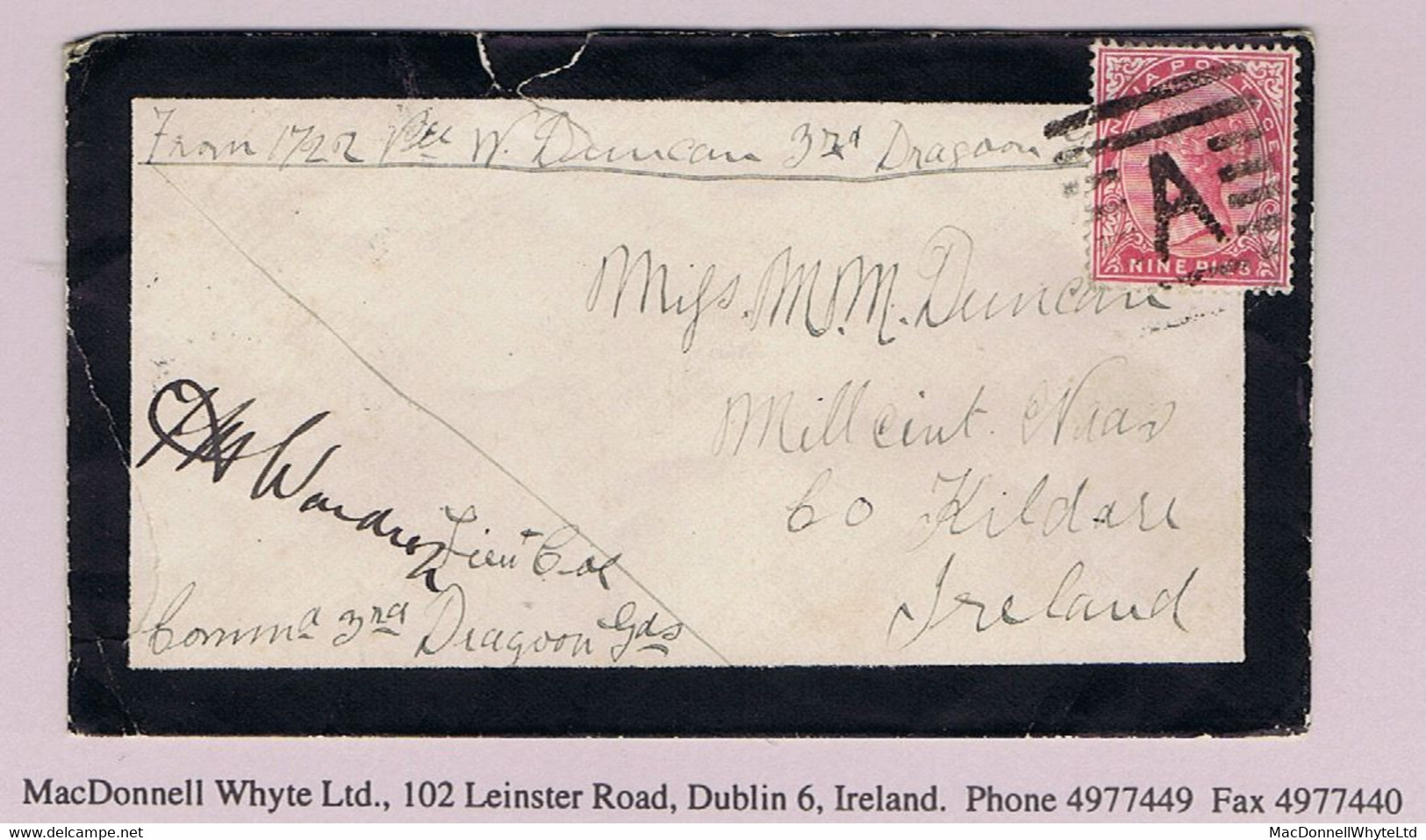 Ireland Military Kildare India 1887 Soldier's Letter, Mourning Envelope 3rd Dragoon Guards At Muttra To Millicent Naas - Altri & Non Classificati