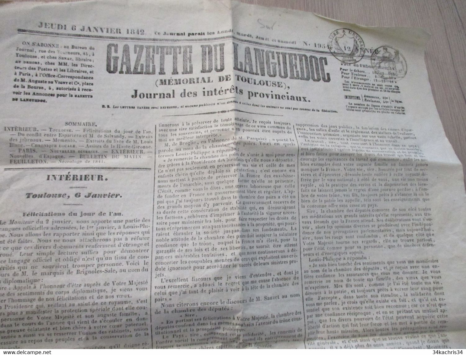 Gazette Du Languedoc Mémorial De Toulouse 06/01/1842 - 1800 - 1849