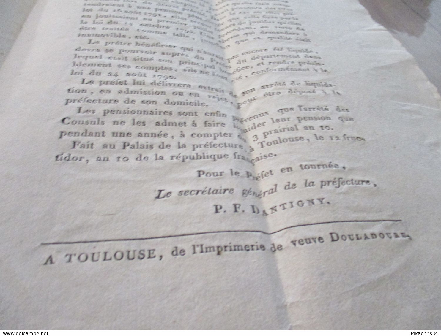 Révolution Haute Garonne Toulouse Avis 3 Prairial An X Pensions Des Ecclésiastiques Préfet Dantigny - Decrees & Laws
