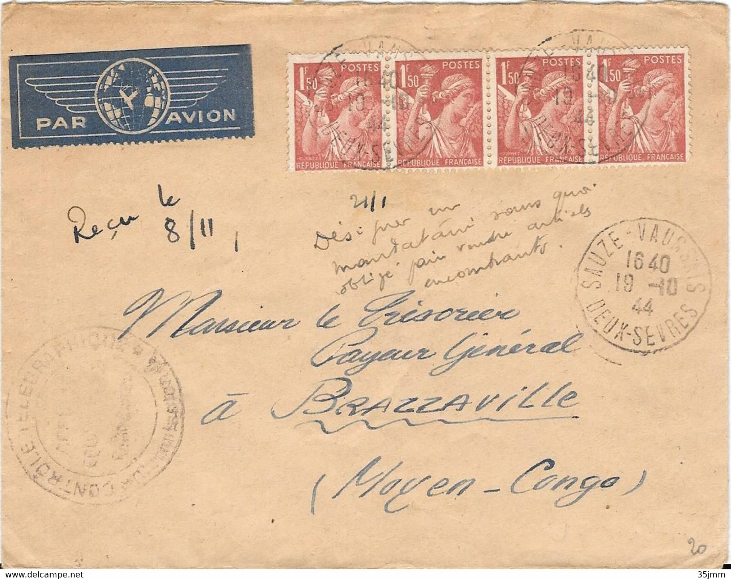 Lettre Recommandée Sauzé Vaussais Deux Sèvres Pour Brazzaville Congo 1944 Censure Censor Geoffnet Examiner Censura - 1960-.... Storia Postale