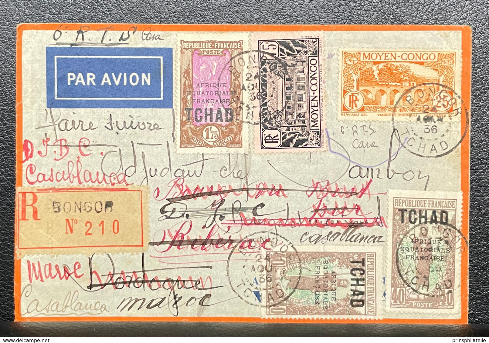 LETTRE RECOMMANDEE DE BONGOR TCHAD 1936 PAR AVION => FRANCE =>MAROC  COVER - Storia Postale