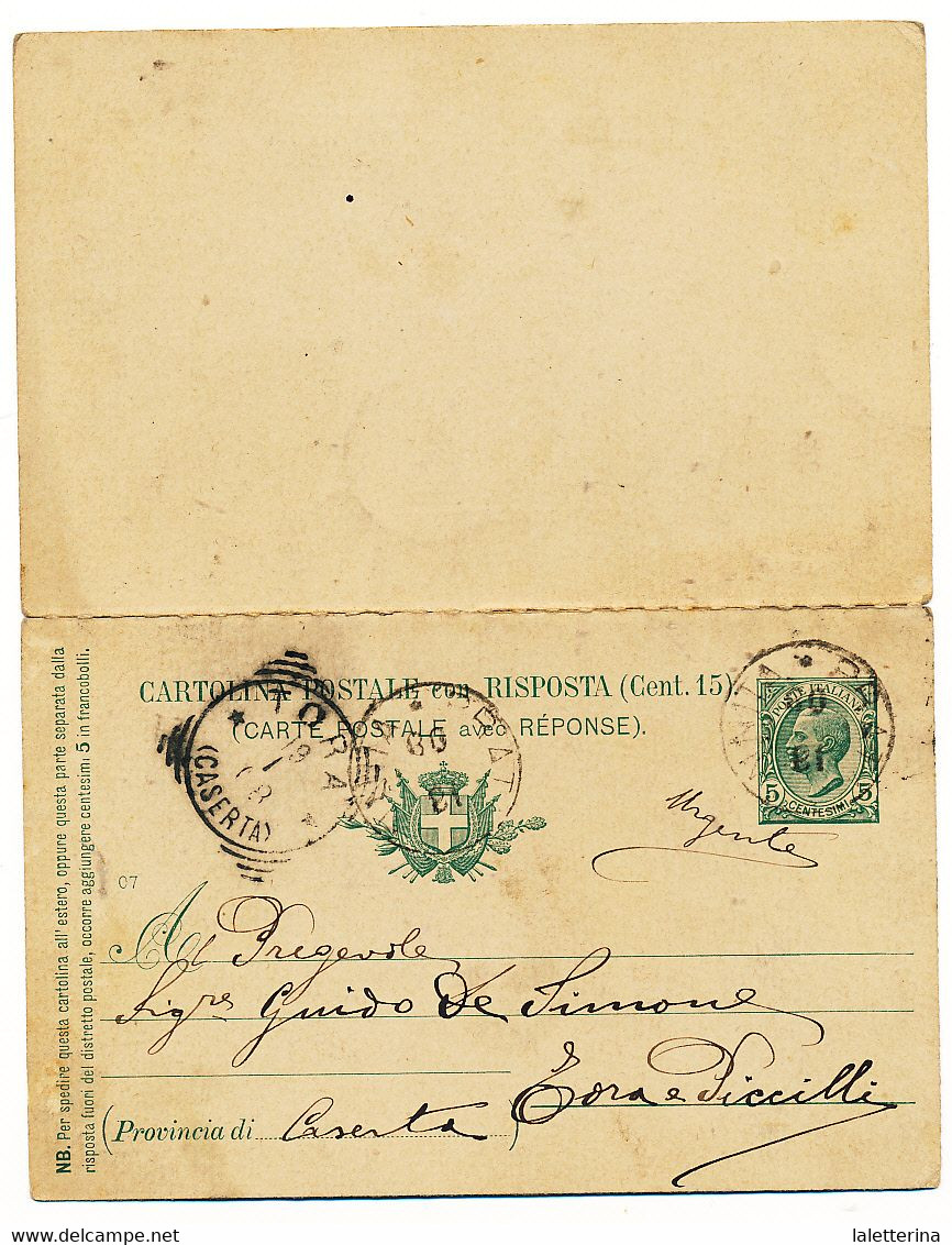 1908 PRATA SANNITA CERCHIO SU CARTOLINA POSTALE 0,05 CON RISPOSTA UNITA NUOVA 0,10 LEONI - Marcophilia