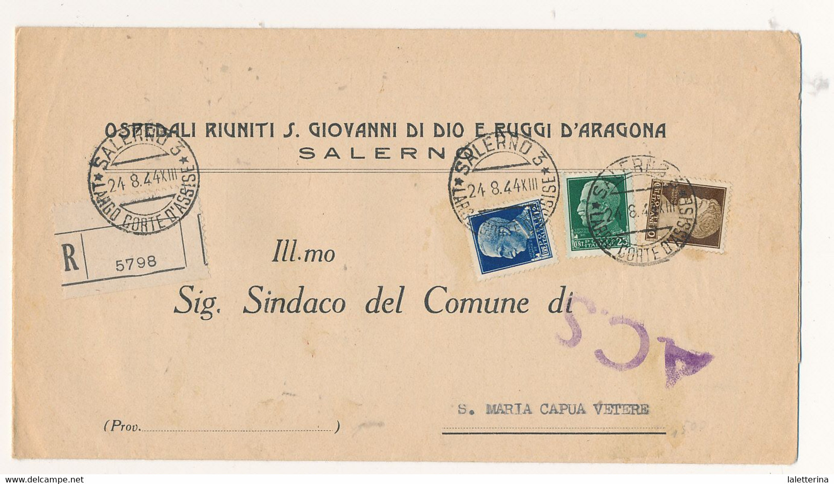 1944 LUOGOTENENZA SALERNO RACCOMANADTA TRICOLORE DA OSPEDALE RUGGI D'ARAGONA 1,25+0,10+0,25 - Marcophilia