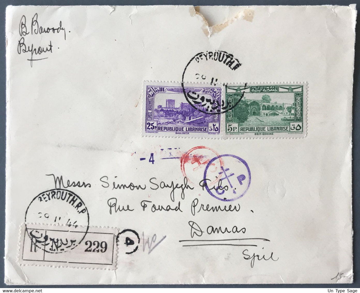 Grand Liban PA N°69 Et 72 Sur Enveloppe De Beyrouth 29.11.1944 Pour DAMAS + CENSURE - (C1694) - Briefe U. Dokumente