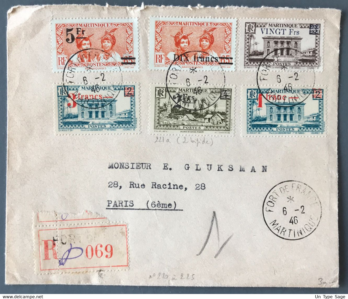 Martinique N°220 à 225 (dont 221a) Sur Enveloppe Recommandée TAD FORT DE FRANCE 6.2.1946 Pour Paris - (C1703) - Briefe U. Dokumente