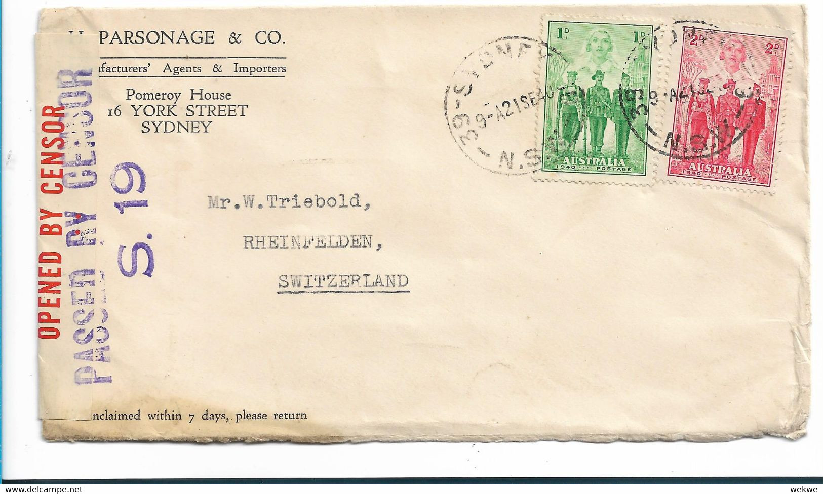 Aus366 / AUSTRALIEN - Kriegsausgabe 1940 In Die Schweriz, Rheinfelden, Zensiert - Briefe U. Dokumente