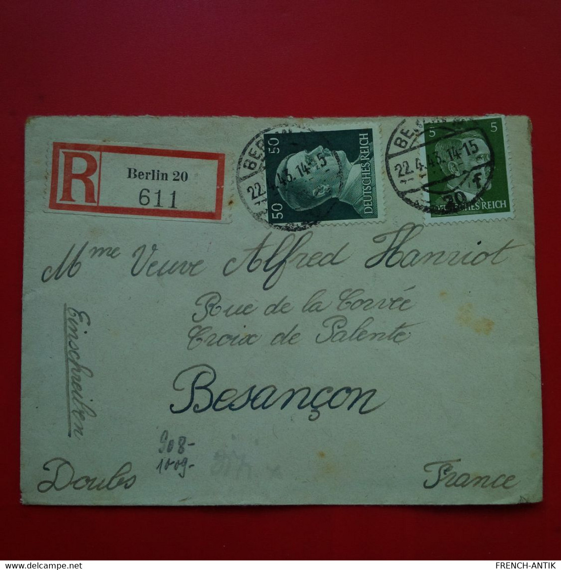 LETTRE RECOMMANDE BERLIN POUR BESANCON CENSURE - Briefe U. Dokumente