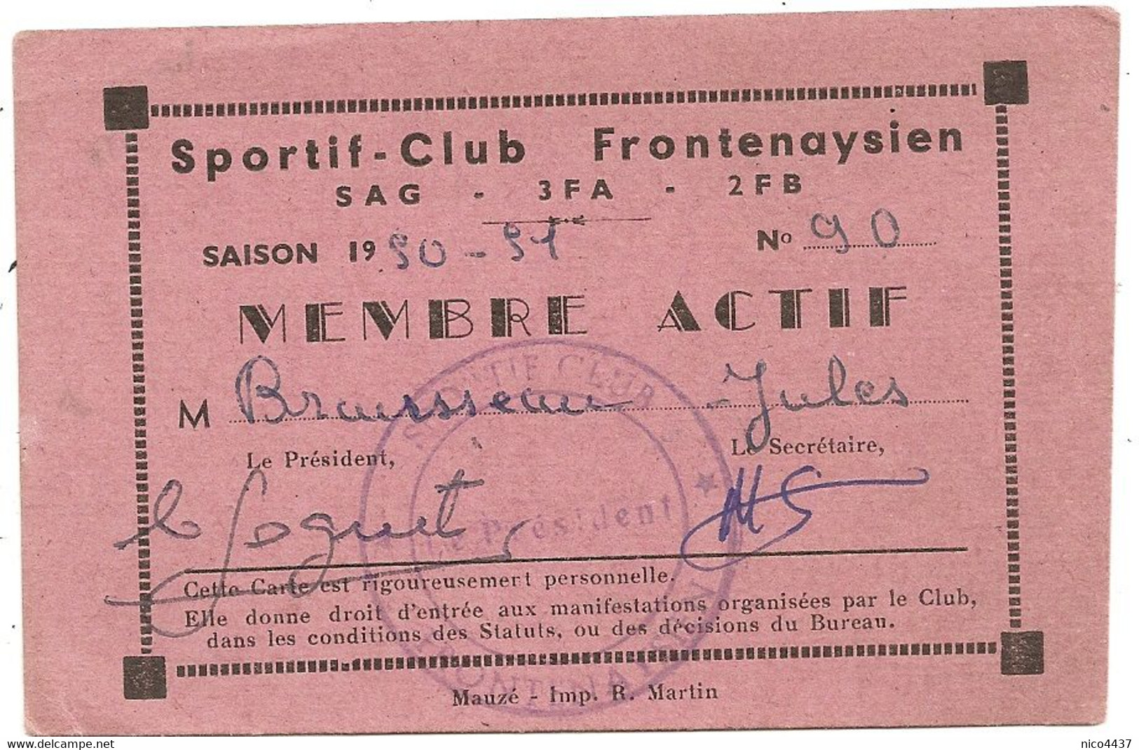 Carte Adherent Sportif Club Frontenaysien Saison 1950 1951 - Frontenay-Rohan-Rohan