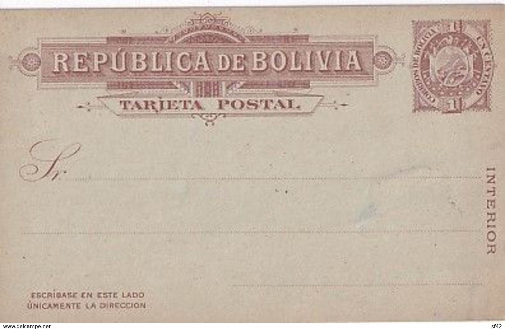 BOLIVIA               TARJETA POSTAL   INTERIOR          PRECURSEUR - Bolivie