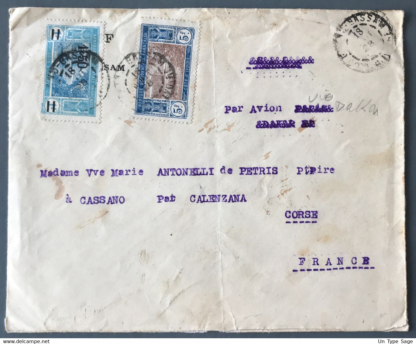Cote D'Ivoire N°57 Et 77 Sur Enveloppe TAD GRAND-BASSAM 18.8.1928 Pour Cassano, Corse - (C1725) - Covers & Documents