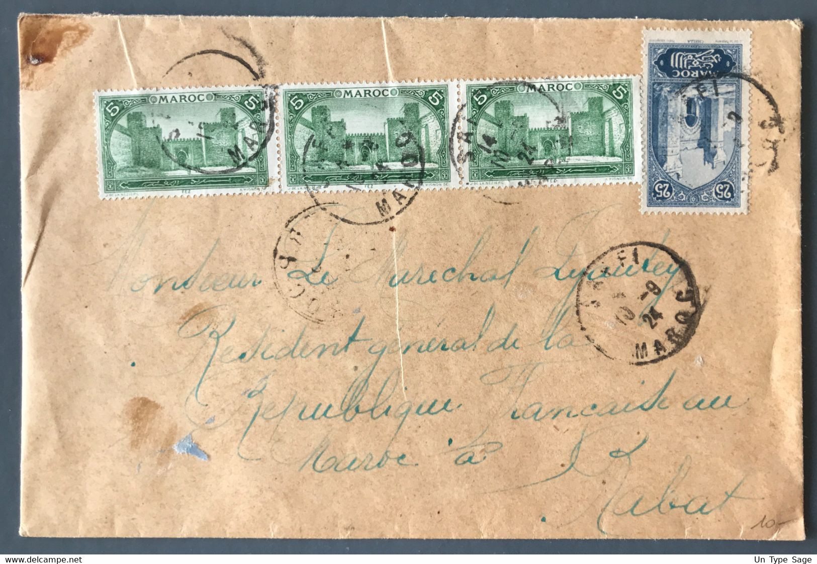 Maroc N°66 (x3) Et 70 Sur Enveloppe TAD SAFFI, Maroc 10.9.1924 Pour Rabat - (C1734) - Covers & Documents