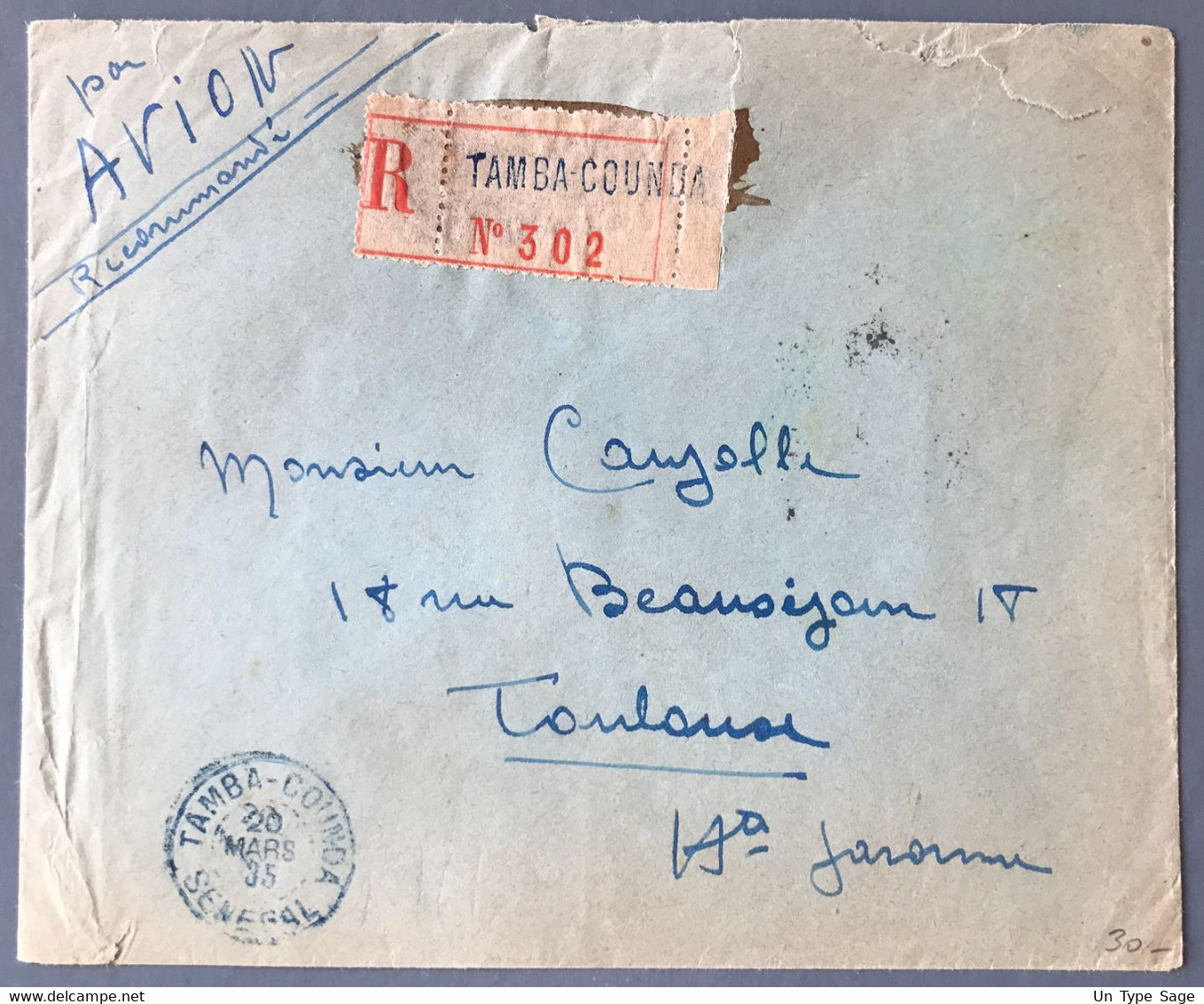 Sénégal N°72, 82 (x3), 102 Et 109 (x2) Sur Enveloppe TAD TAMBA-COUNDA 20.3.1935 Pour Toulouse - (C1746) - Briefe U. Dokumente