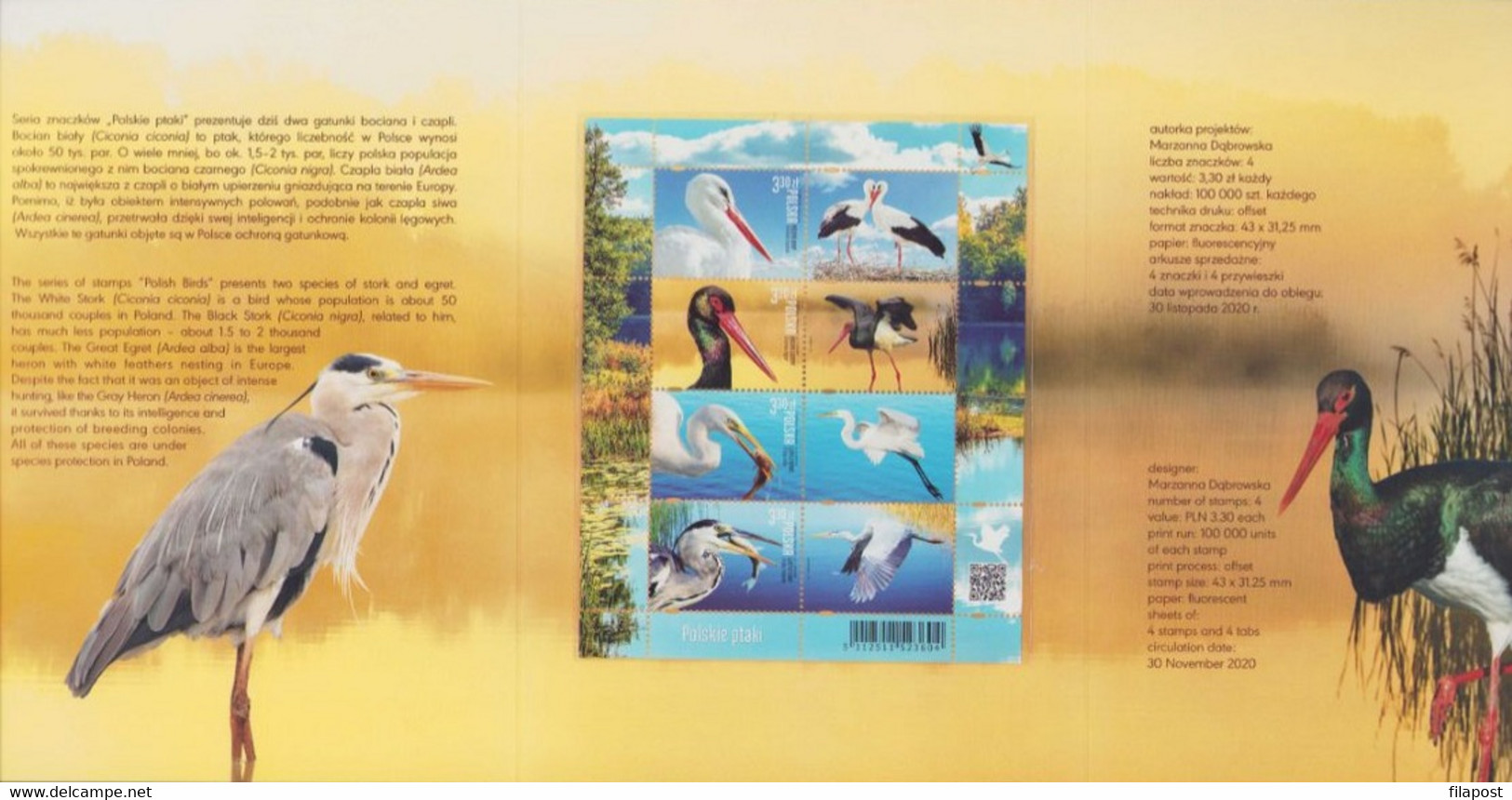 Poland 2020 Booklet / Polish Birds - White Black Stork Ciconia Heron Ardea / With Full Sheet MNH** New!!! - Booklets