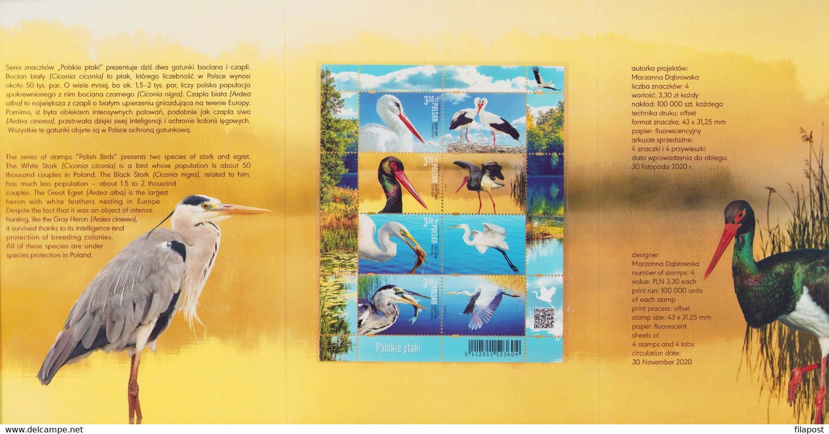 Poland 2020 Booklet / Polish Birds - White Black Stork Ciconia Heron Ardea / With Full Sheet MNH** New!!! - Full Sheets