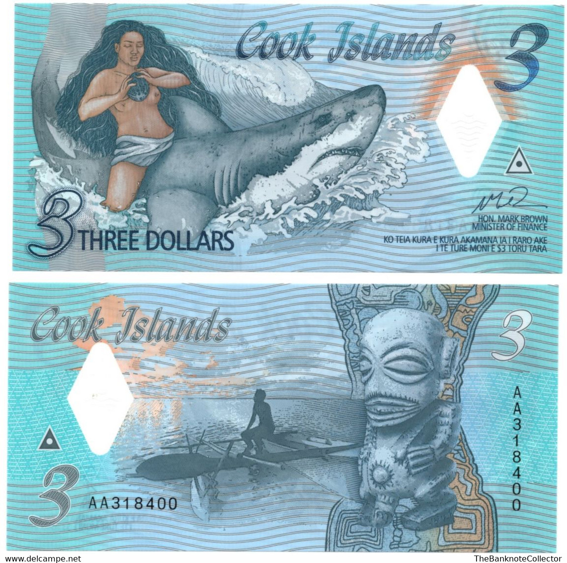 Cook Islands 3 Dollars 2021 Commemorative Ina On Shark Polymer Issue Prefix AA UNC - Cook