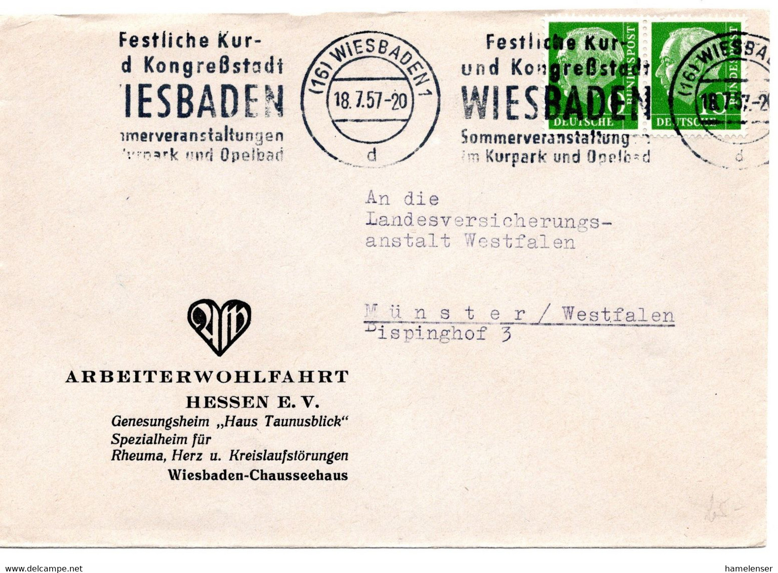 55846 - Bund - 1957 - 10Pfg. Heuss I Waag. Paar A. Bf. WIESBADEN - ... KONGRESSSTADT ... -> Muenster - Covers & Documents