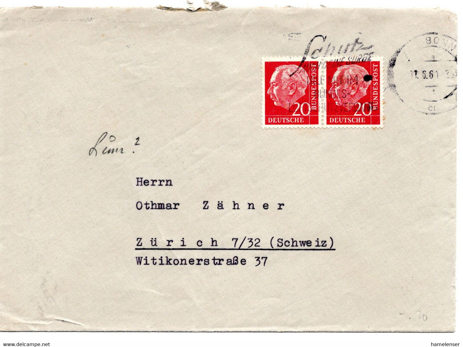 55853 - Bund - 1961 - 20Pfg. Heuss I Waag. Paar A. Bf. BONN - ... LUFTSCHUTZVERBAND -> Schweiz - Covers & Documents