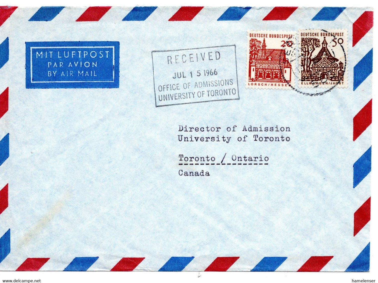 55855 - Bund - 1966 - 50Pfg. Kl.Bauten MiF A. LpBf. ISERLOHN -> Canada - Lettres & Documents