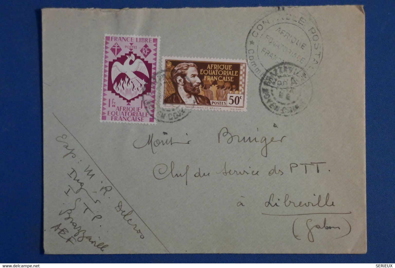 AJ16 AEF BELLE LETTRE CONTROLE POSTAL  1945 BRAZZAVILE POUR LIBREVILLE GABON  + ++ AFFRAN. PLAISANT - Lettres & Documents