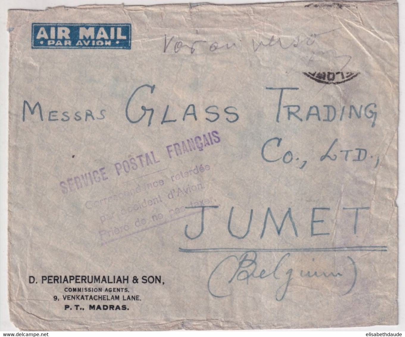 1935 - COURRIER ACCIDENTE AVION FRANCAIS ! - ENVELOPPE De MADRAS (INDE) => JUMET (BELGIQUE) ! VOIR AU DOS - Crash Post