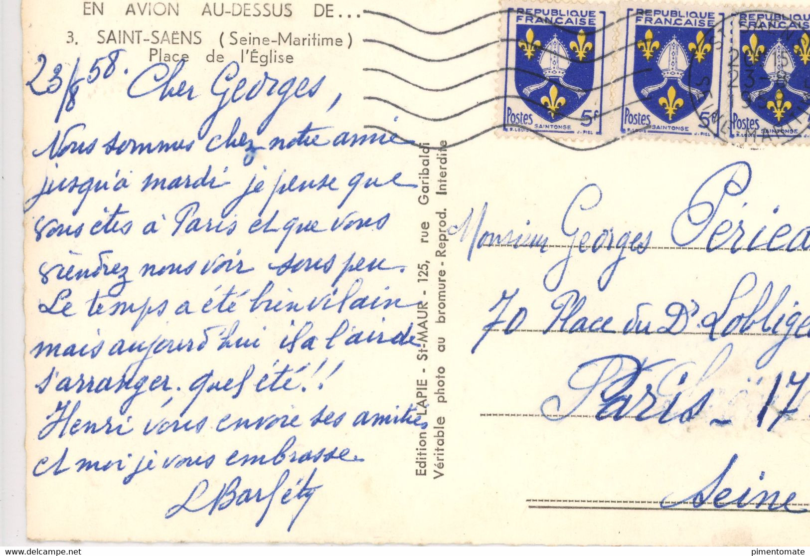 EN AVION AU DESSUS DE SAINT SAENS PLACE DE L'EGLISE VUE AERIENNE LAPIE 1958 - Saint Saens