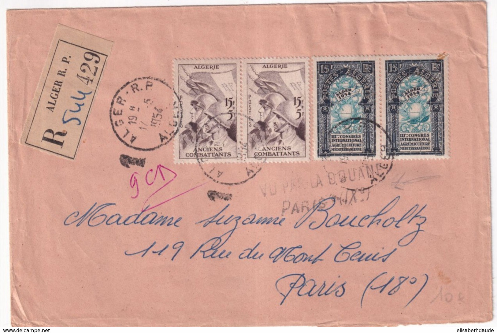 1954 - ALGERIE - ENVELOPPE RECOMMANDEE De ALGER => PARIS - "VU PAR LA DOUANE" ! - Lettres & Documents