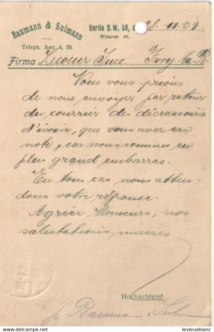 Fabrication De Peignes En Ivoire/Joseph LECOEUR/Ivry La Bataille/Commande/Baumann & Sulman/Berlin/Allemagne/1909 FACT488 - Droguerie & Parfumerie