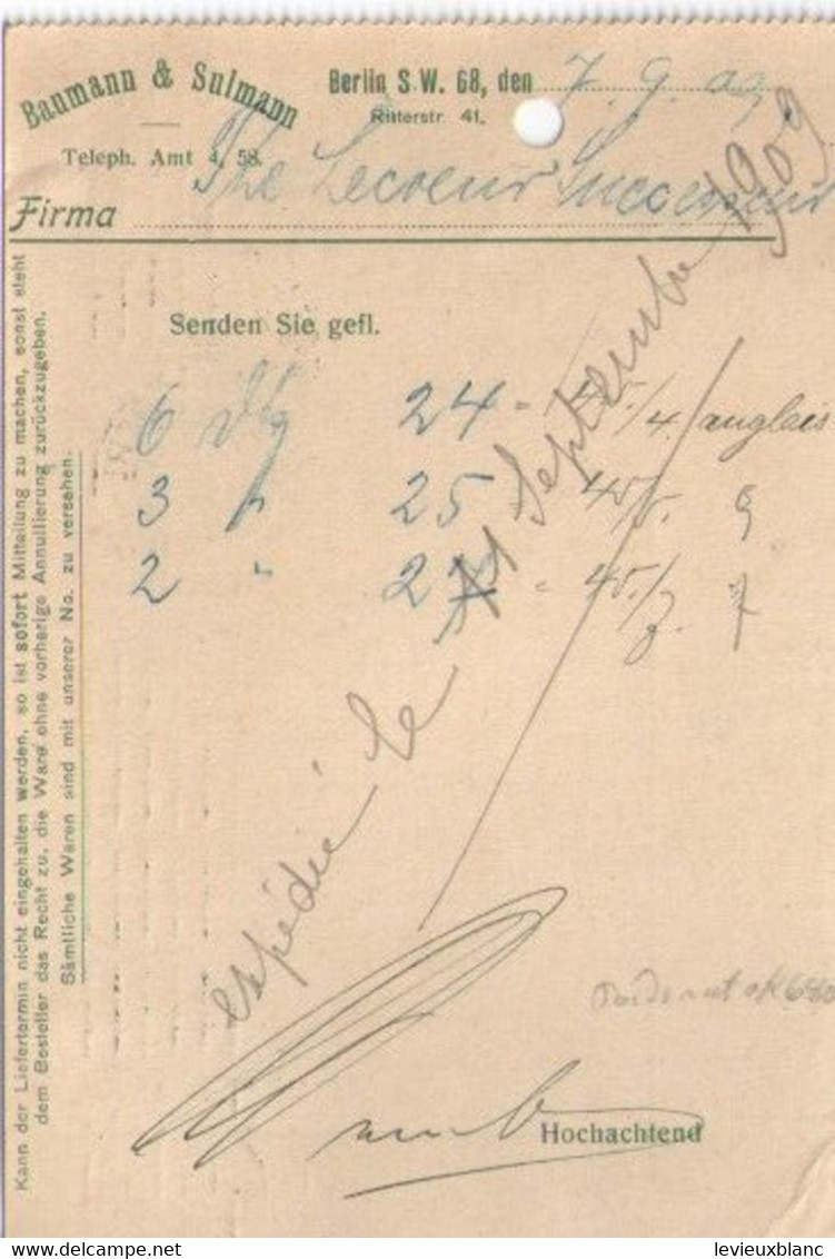 Fabrication De Peignes En Ivoire/Joseph LECOEUR/Ivry La Bataille/Commande/Baumann & Sulman/Berlin/Allemagne/1909 FACT489 - Profumeria & Drogheria
