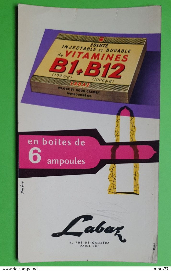 Buvard 510 - Laboratoire Labaz - VITAMINES B1 + B12 - Etat D'usage : Voir Photos - 11.5x21 Cm Environ - Vers 1960 - Produits Pharmaceutiques
