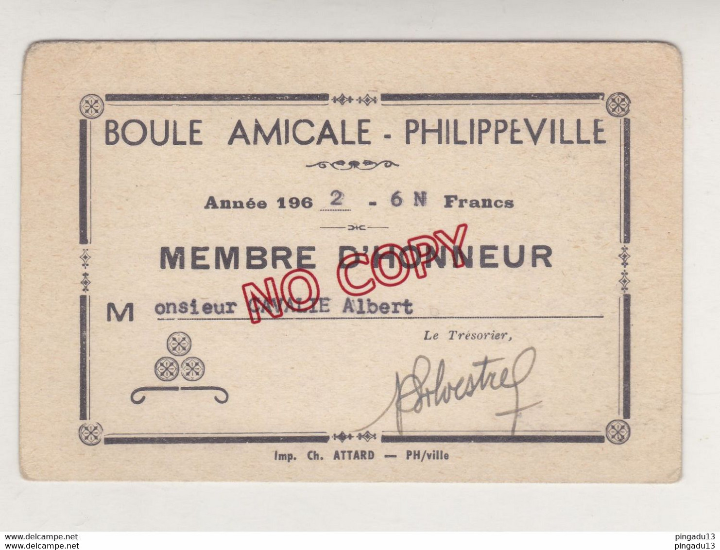 Fixe Carte Membre D'honneur Boule Amicale Philippeville Algérie Jeu National Constantine Plus Lettre Fédération 1949 - Petanca