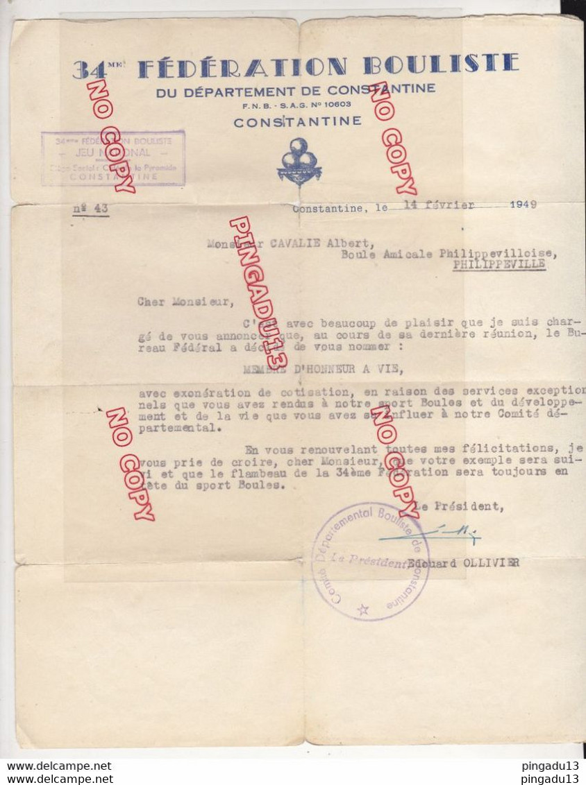 Fixe Carte Membre D'honneur Boule Amicale Philippeville Algérie Jeu National Constantine Plus Lettre Fédération 1949 - Pétanque