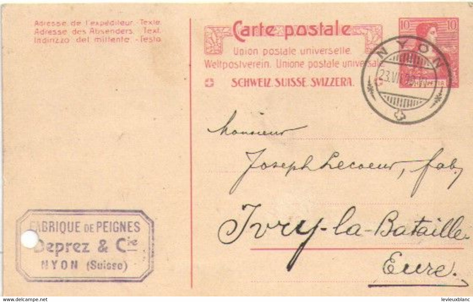 Fabrication De Peignes En Ivoire/Joseph LECOEUR/Ivry La Bataille/Commande/DEPREZ & Cie / NYON /SUISSE/1909     FACT495 - Suiza