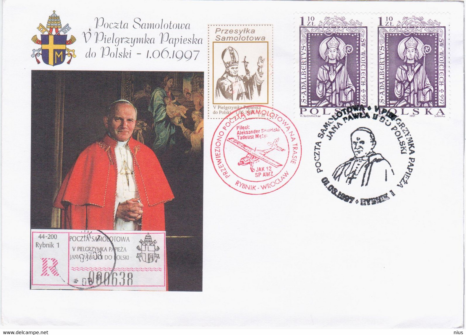 Poland Polska 1997 Airplane Mail, Pope John Paul II Jan Pawel II, Giovanni Paolo II, Rybnik-Wroclaw - Brieven En Documenten