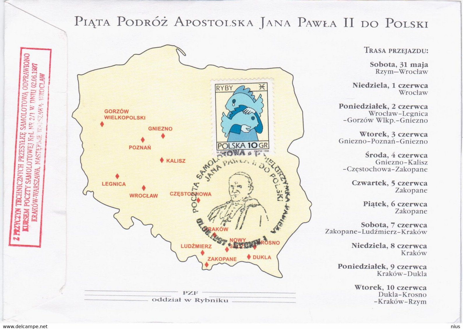 Poland Polska 1997 Airplane Mail, Pope John Paul II Jan Pawel II, Giovanni Paolo II, Rybnik-Wroclaw - Brieven En Documenten