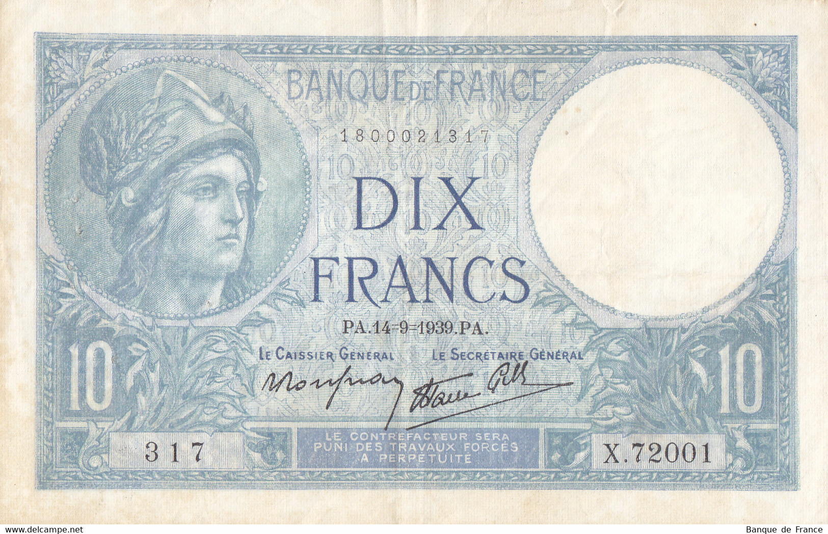 Billet 10 F Minerve Du 14-9-1939 FAY 07.07 Alph. X.72001 - 10 F 1916-1942 ''Minerve''