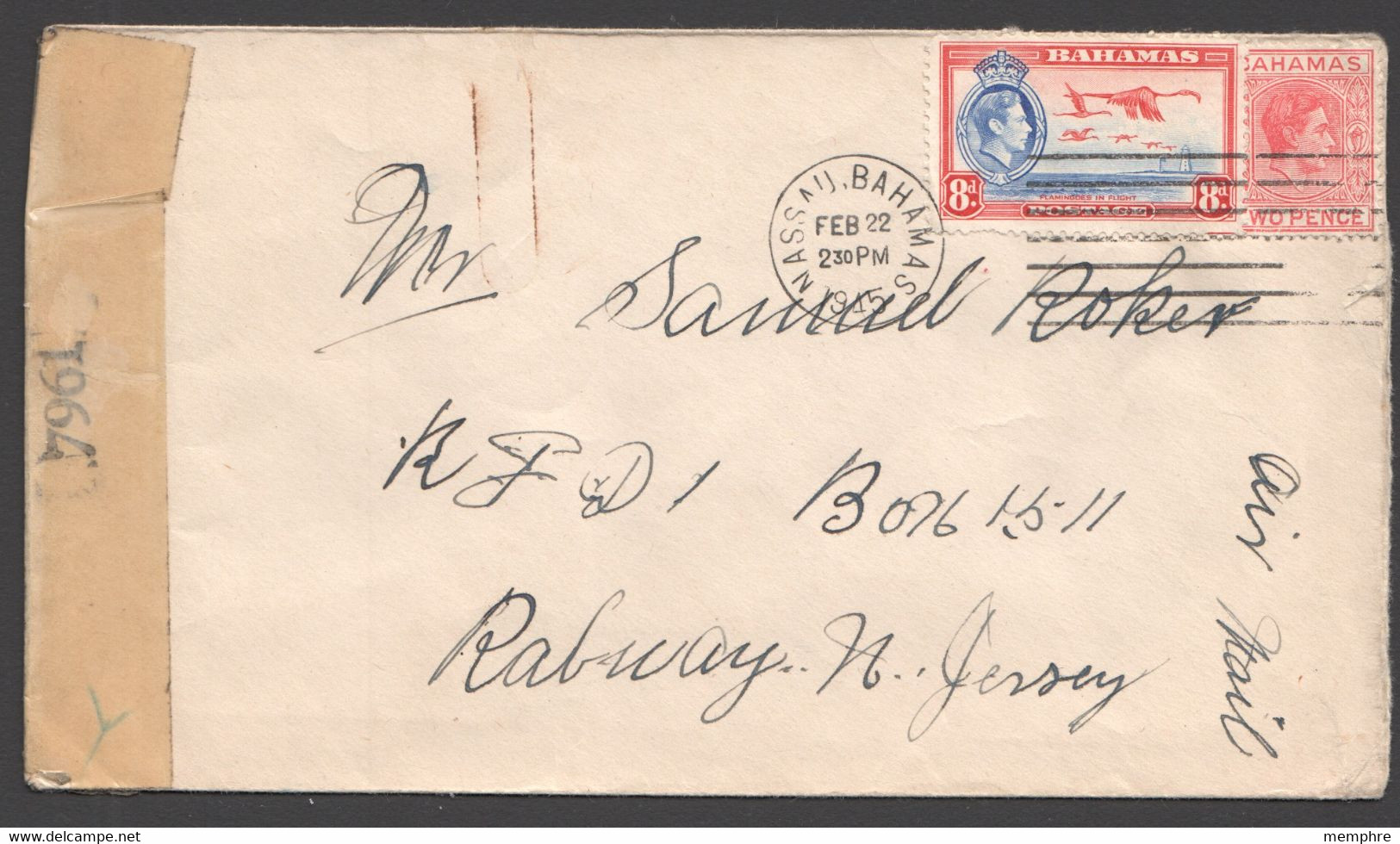 1945 Air Mail  Letter To The USA  SG 152b, 160  US Censor Tape - 1859-1963 Colonie Britannique