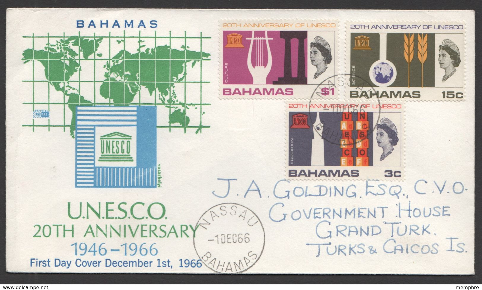 1966 UNESCO 20th Anniversary  SG 292-4 In FDC To Turks & Caicos - 1963-1973 Autonomie Interne