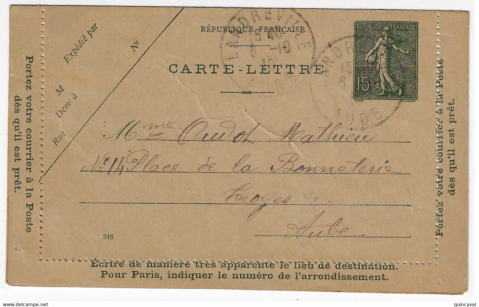 LANDREVILLE Aube Carte Lettre 15c Semeuse Lignée Millésime 918 Ob 6 10 1919 Storch B8 Yv 130-CL7 - Cartes-lettres