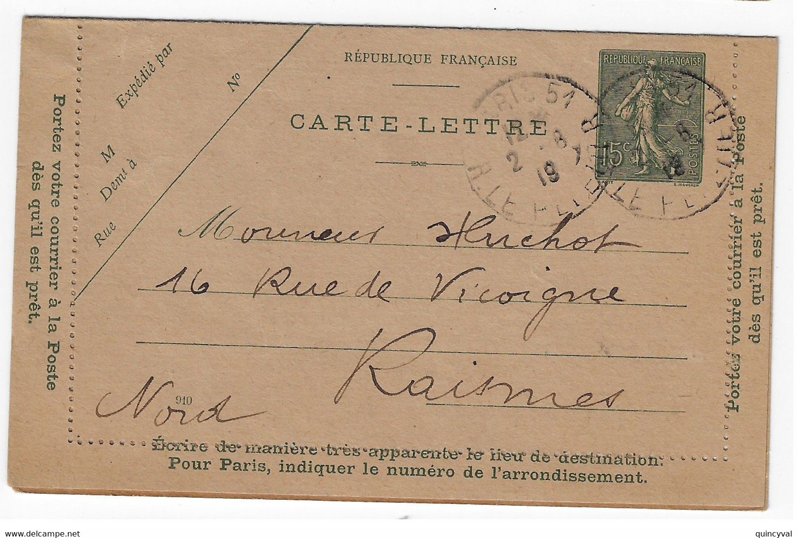 PARIS 51 Carte Lettre 15c Semeuse Lignée Millésime 910 Ob 2 8 1919 Storch B8 Yv 130-CL7 - Kartenbriefe