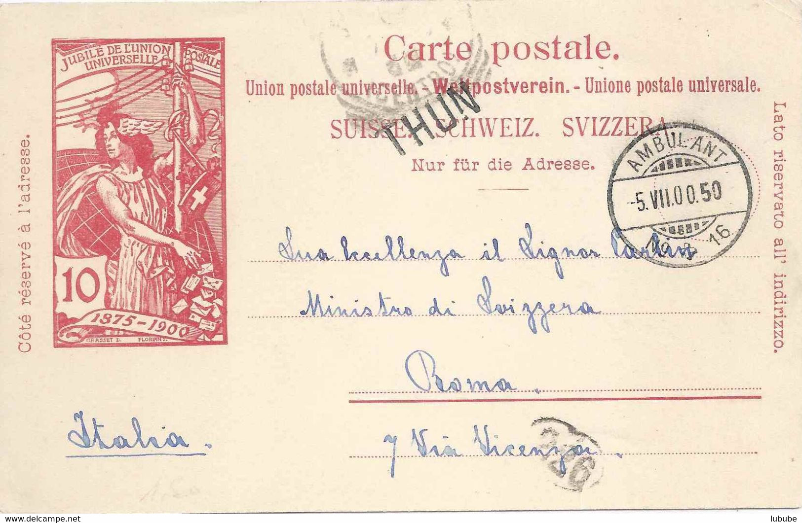 PK 32 UPU  Ambulant (Thun) - Roma  (Stabstempel)         1900 - Entiers Postaux