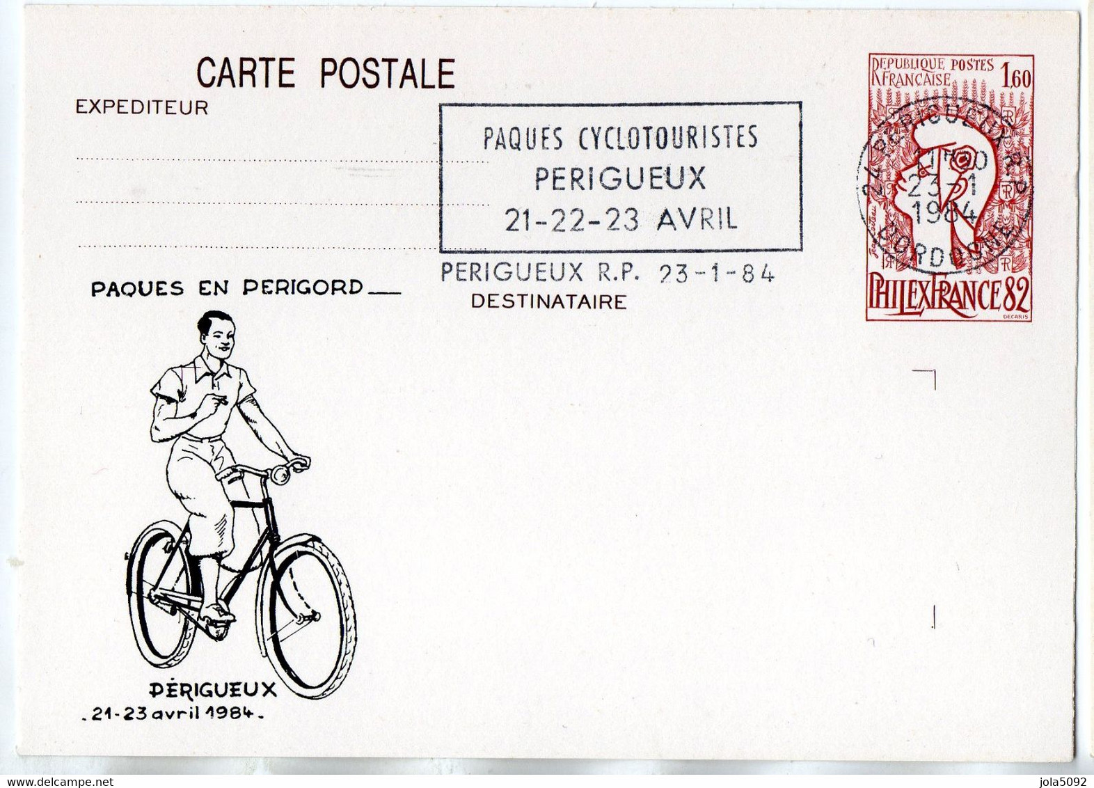 Entier Repiqué - 2216-CP1 - Pâques Cyclotouristes - PERIGUEUX 21-22-23/04/1984 - Bicyclette - Overprinter Postcards (before 1995)