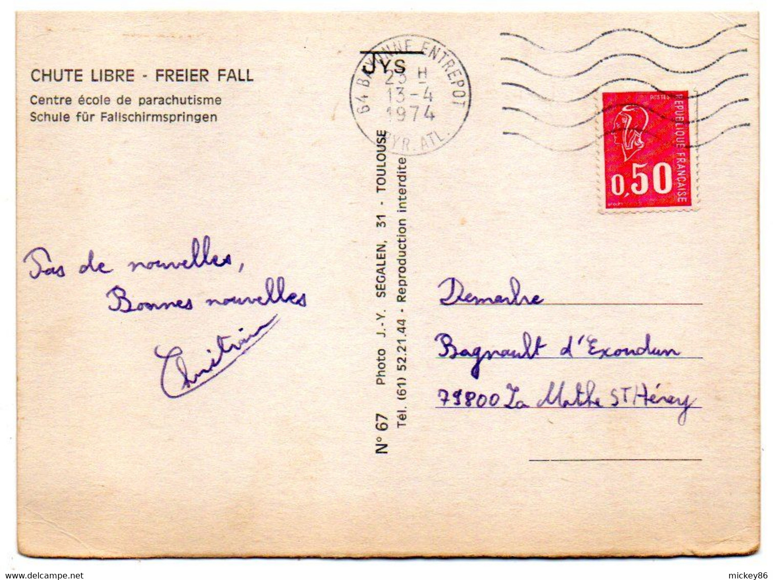 Sport --1974-- Parachutisme --Chute Libre  (animée)  .....cachet  Bayonne Entrepot --64........à Saisir - Fallschirmspringen