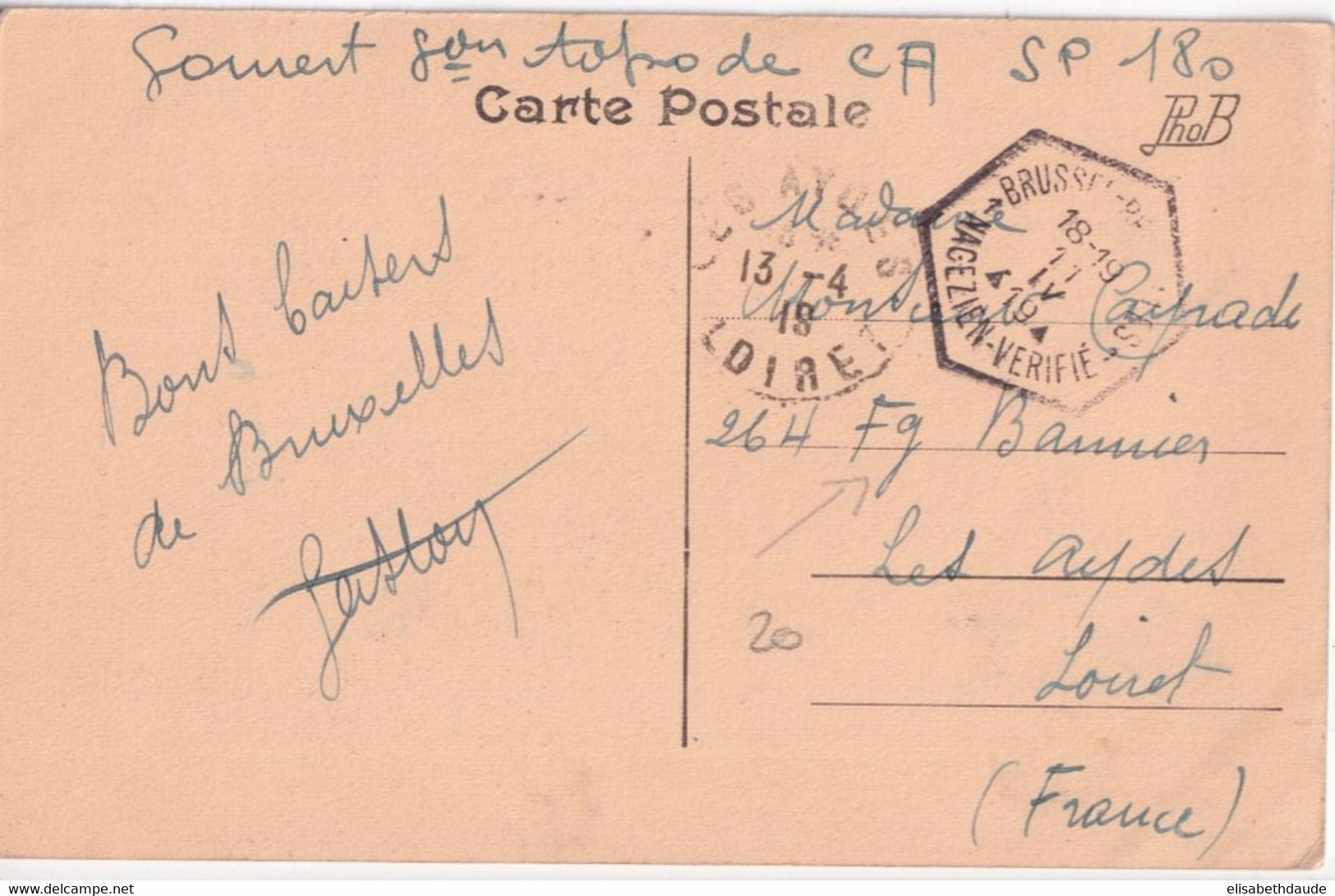 1919 - SOLDATS FRANCAIS En BELGIQUE - CP De SECTION TOPO Du SP 180 à BRUXELLES Avec CACHET CENSURE à DATE ! => LOIRET - Niet-bezet Gebied