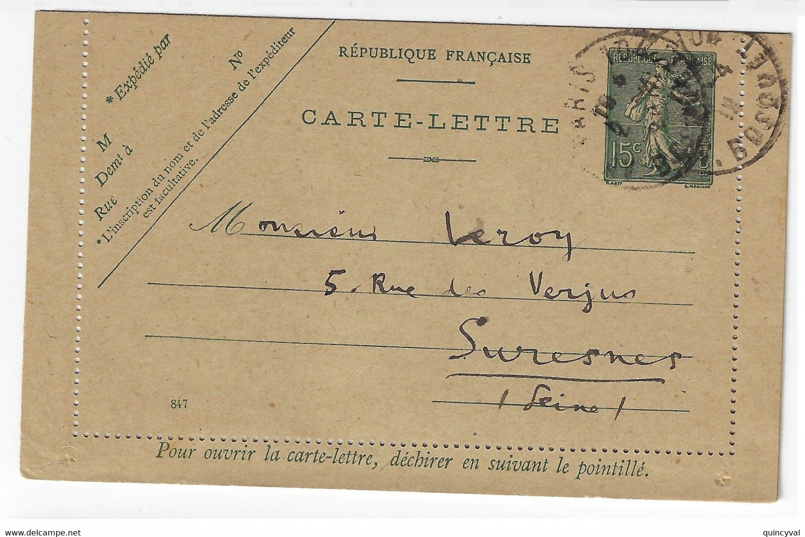 PARIS 104 Carte Lettre 15c Semeuse Lignée Type 1 Millésime 847 Ob 2 4 1919 Storch B7 Yv 130-CL5 - Cartes-lettres