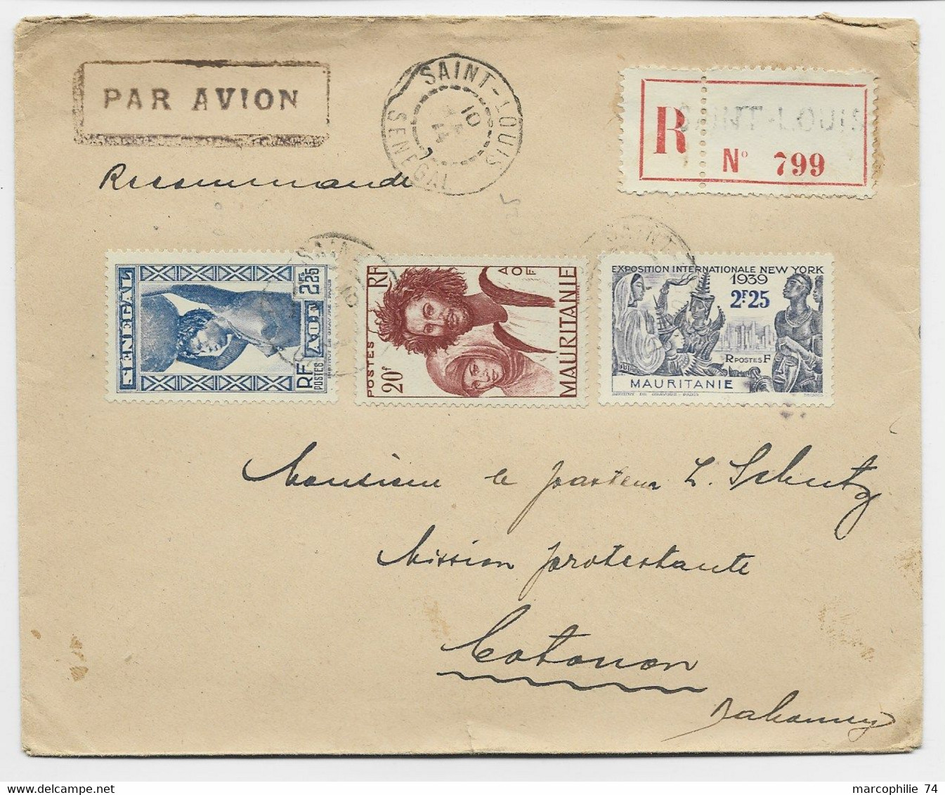 MAURITANIE MIXTE SENEGAL LETTRE COVER REC AVION SAINT LOUIS 1944 TO MISSION PROTESTANTE DAHOMEY - Lettres & Documents