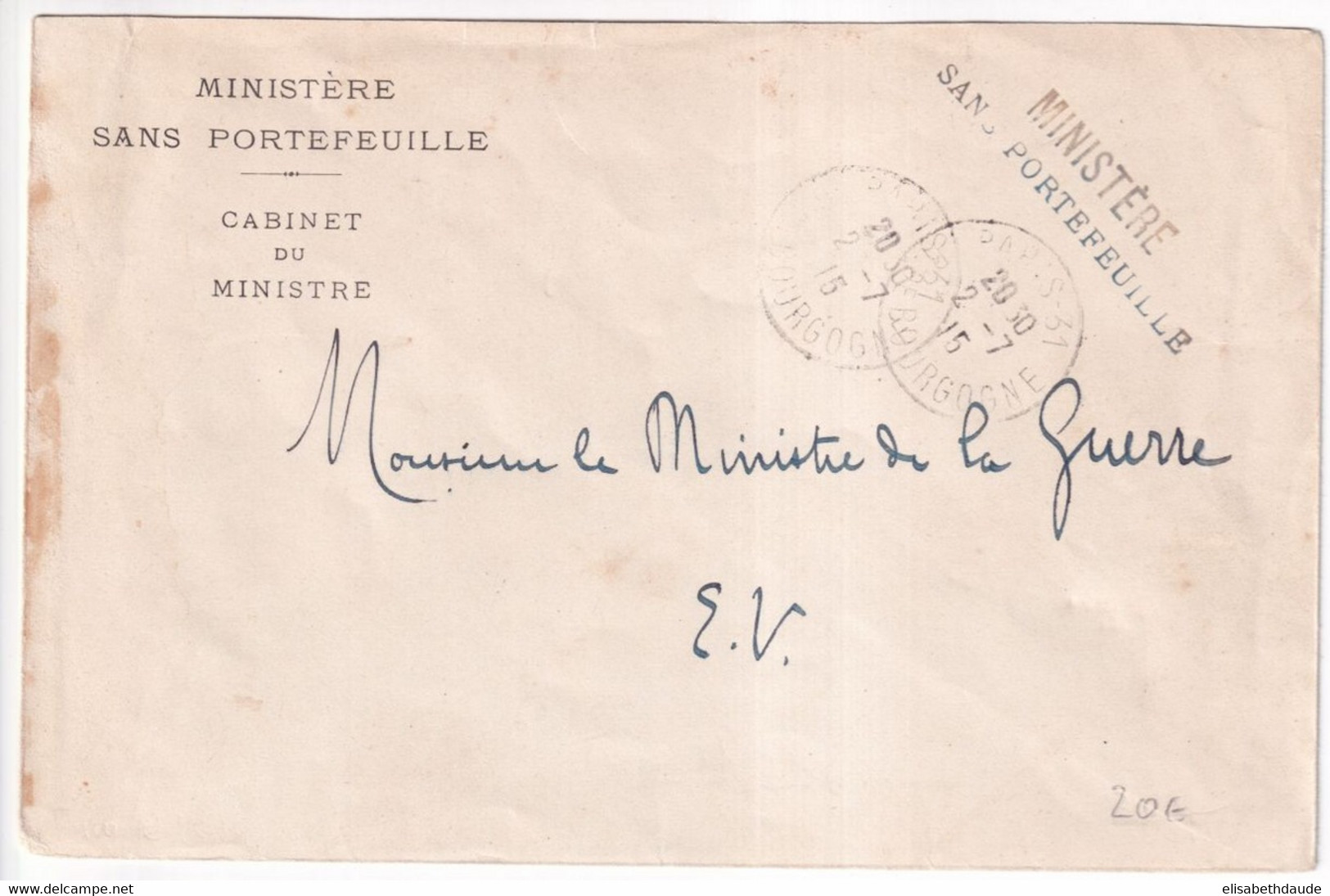 1915 - MINISTERE SANS PORTEFEUILLE ! - ENVELOPPE EN FRANCHISE => MINISTRE DE LA GUERRE à PARIS - Civil Frank Covers