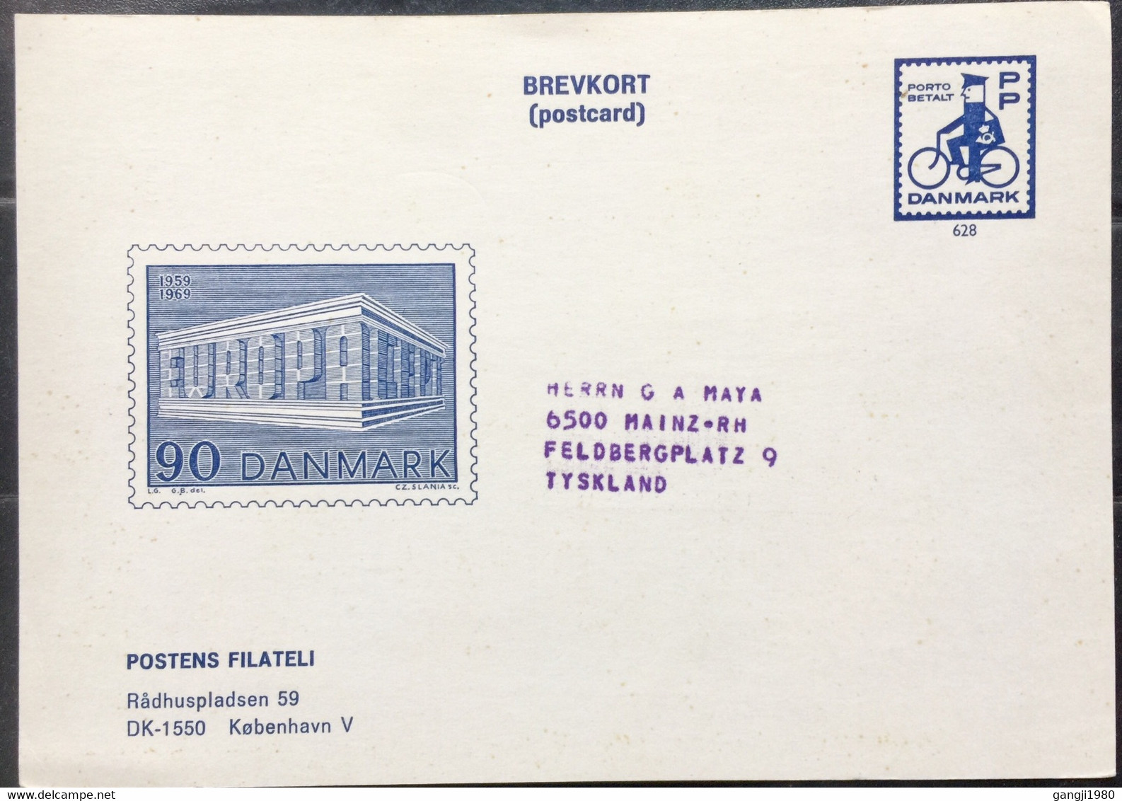 DENMARK 1969 EUROPA CARD POSTMAN ,CYCLE,ADDRESSED TO TYSKLAND - Nuovi