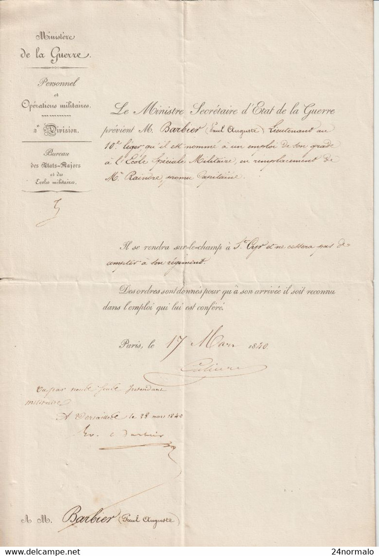 AB292 Général Despans-Cubières, Nomination Saint Cyr Lieutenant 1840 - Historical Documents