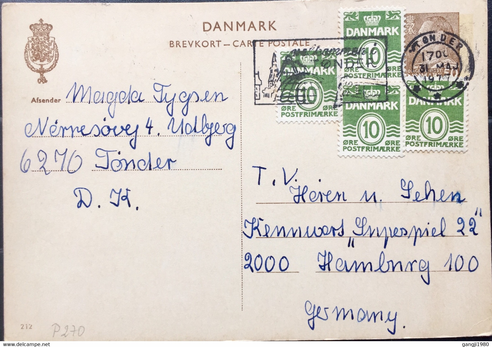 DENMARK 1977, POSTAL STATIONARY CARD, USED TO GERMANY,  4 STAMP, TONDER CITY, MACHINE SLOGAN CANCEL - Otros & Sin Clasificación