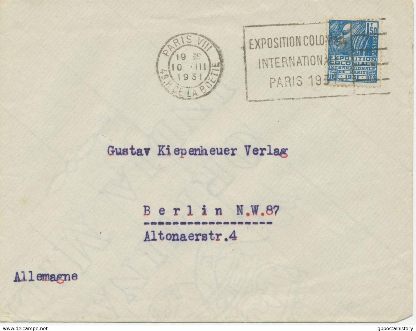 FRANKREICH 1931 Internationale Kolonialausstellung Paris 1.50Fr. EF Kab.-Brief Mit Werbestempel „PARIS VIII / 49.R DE - Storia Postale